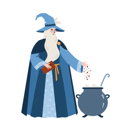 Un sorcier médiéval prépare une potion magique dans un pot  Illustration