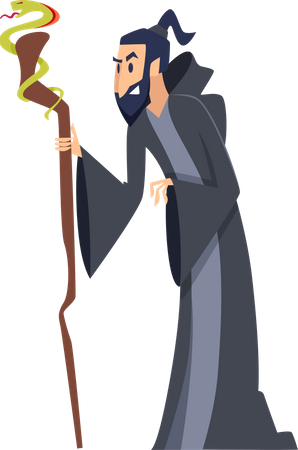 Le magicien porte une longue robe tenant un bâton magique en bois  Illustration