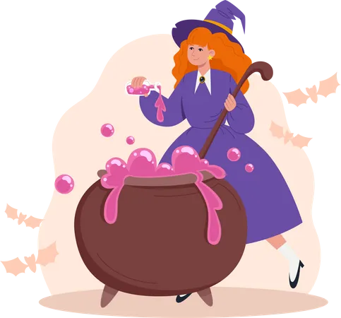 Une sorcière prépare une potion magique dans un chaudron pour Halloween  Illustration