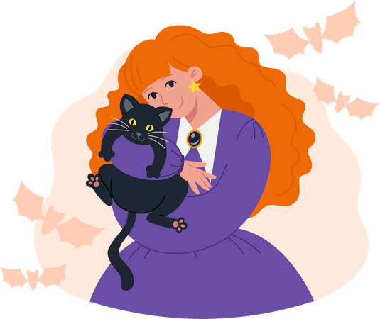 Sorcière étreignant un chat noir  Illustration