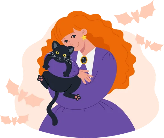Sorcière étreignant un chat noir  Illustration