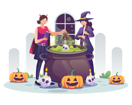 Filles sorcières préparant une potion d'Halloween  Illustration