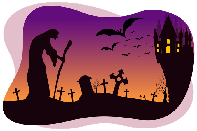 Sorcière hantée marchant dans le cimetière  Illustration