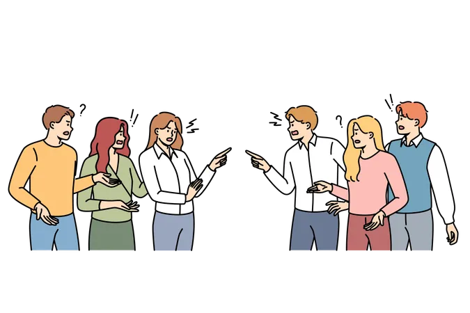 Sorra Two Teams Of Business People Working In Different Departments Of Corporation Expressing Mutual Reproaches Conflict And Quarrel Between Men And Women Experiencing Emotions And Unable To Agree Illustration