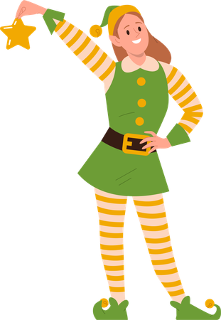 Linda garota sorridente fantasiada de elfo segurando uma estrela dourada de Natal  Ilustração