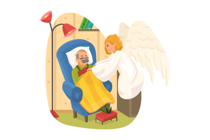 Anjo sorridente santo bíblico religioso cobrindo velho adormecido  Ilustração
