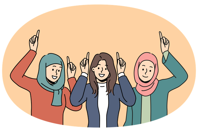 Mulheres árabes sorridentes e diversas usando hijabs aparecem em um bom negócio  Ilustração