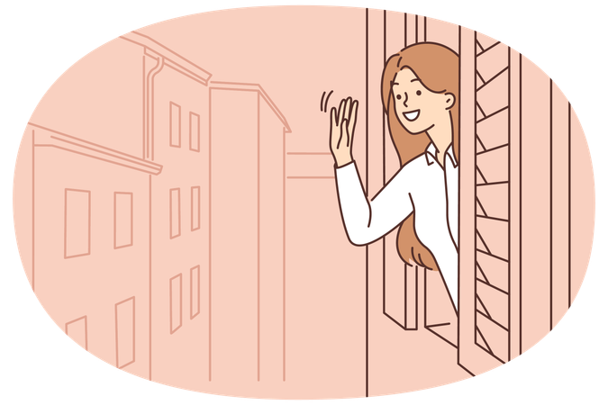Sorrindo, olhando pela janela acenando  Ilustração