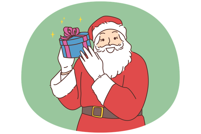 Papai Noel sorridente fantasiado segurando um presente de Natal embrulhado nas mãos  Ilustração