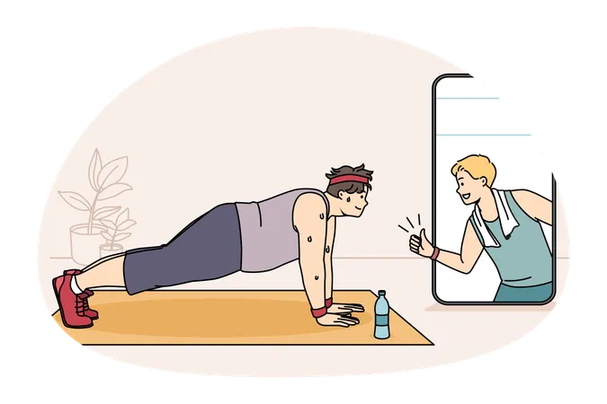 Homem gordo suado e sorridente fazendo exercícios de condicionamento físico esportivo online olhando para o treinador na tela do smartphone em casa  Ilustração