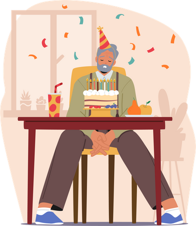 Sorrowful Senior Man Sits Amidst A Simple Cake And Fading Memories  Illustration