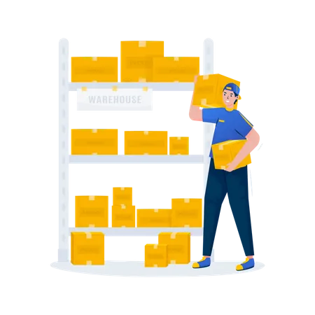 Illustration Of A Courier Sorting Packages Or Loading At A Logistics Warehouse 일러스트레이션