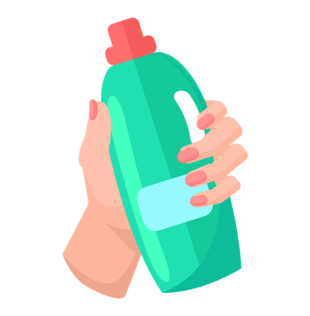 Sosteniendo una botella de plástico verde de sustancia antiséptica  Ilustración