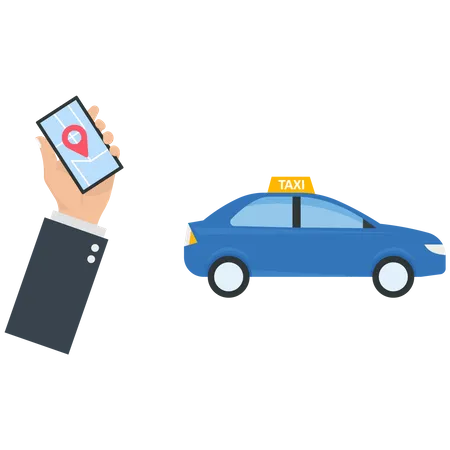 La mano sostiene un teléfono móvil para llamar a un taxi.  Ilustración