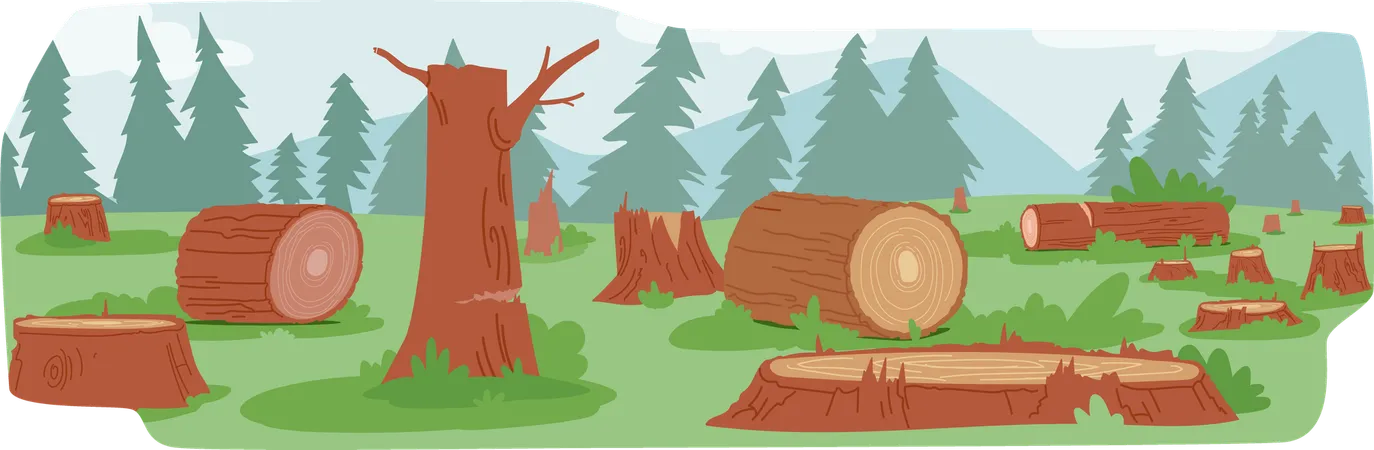 Des souches d'arbres et des troncs tombés éparpillés sur le terrain  Illustration