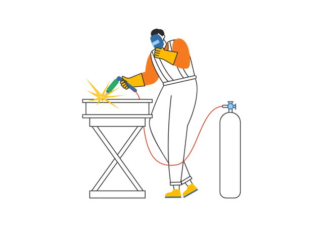 Le soudeur travaille sur une table métallique  Illustration