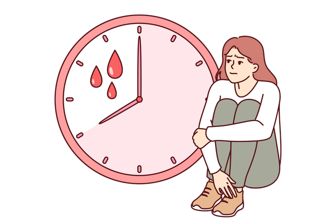 Souffre de menstruations douloureuses, assis près de l'horloge avec des gouttes de sang  Illustration