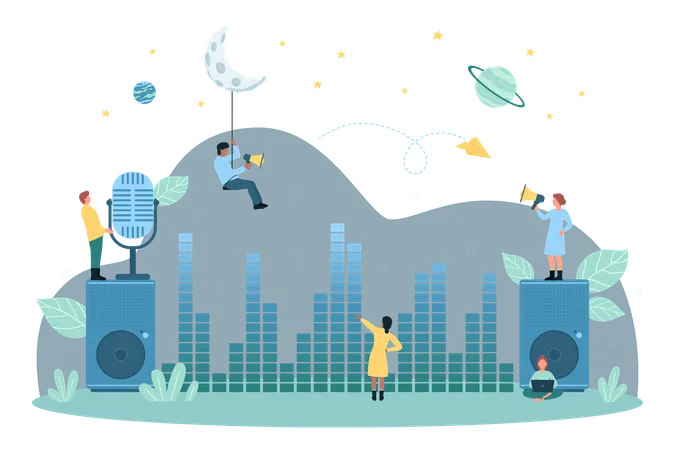 Cartoon Tiny People Listen And Record Music And Voice With Big Microphone And Speakers Equalizer System With Digital Waveform Graph Of Audio Signal Volume Sound Technology Dark Vector Illustration イラスト