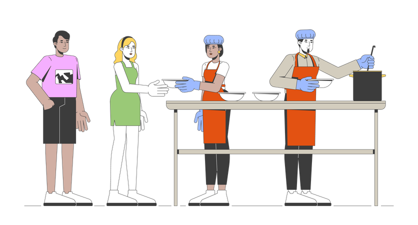 Soup kitchen volunteers serving meals  Illustration