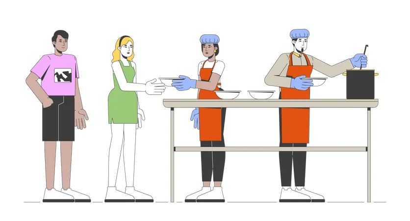 Soup kitchen volunteers serving meals  Illustration