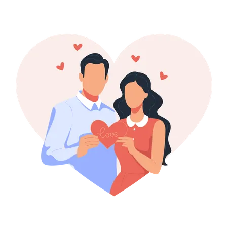 Сouple are holding a heart-shaped postcard in their hands  Illustration