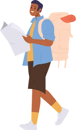 Voyageur souriant de jeune homme avec un sac à dos tenant une carte papier marchant  Illustration
