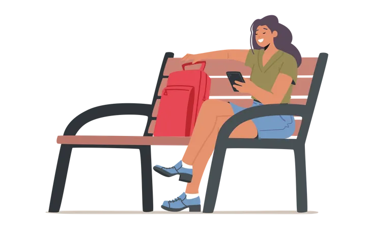 Femme étudiante souriante tenant un téléphone portable sur un banc  Illustration