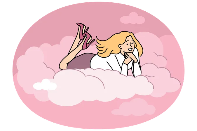 Jeune femme souriante allongée sur un nuage rêvant  Illustration