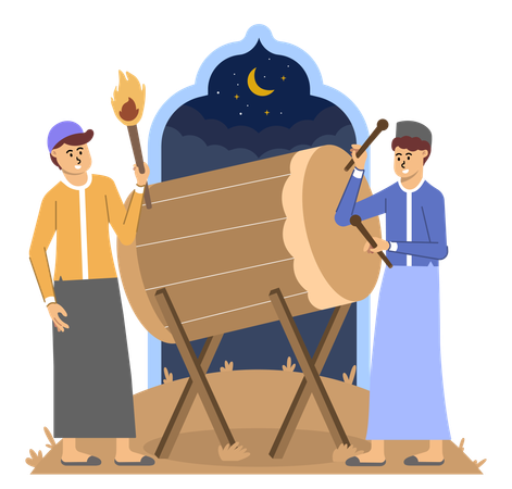 Sous le ciel éclairé par la lune de la nuit du Ramadan, un homme allume du feu tandis qu'un autre tape des battements rythmés sur un pilon  Illustration