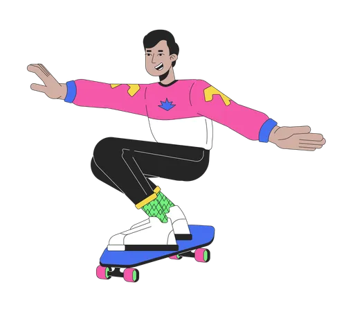 80 S Skateboarder Teenage Boy Line Cartoon Flat Illustration Indian Male Skater Riding Squatting 2 D Lineart Character Isolated On White Background 1980 S Recreation Nostalgia Scene Vector Color Image Illustration