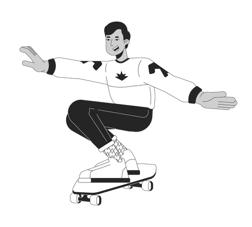 80 S Skateboarder Teenage Boy Black And White Cartoon Flat Illustration Indian Male Skater Riding Squatting 2 D Lineart Character Isolated 1980 S Recreation Monochrome Scene Vector Outline Image Illustration