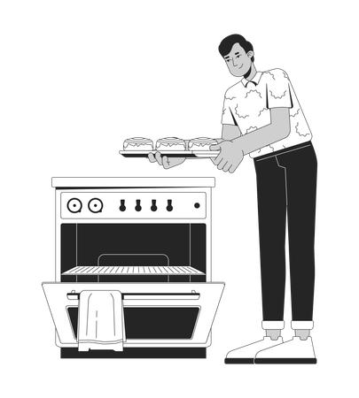 South asian man taking cinnamon rolls out of oven  Illustration