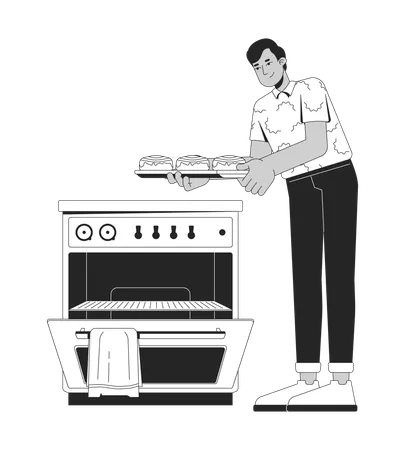 South asian man taking cinnamon rolls out of oven  Illustration