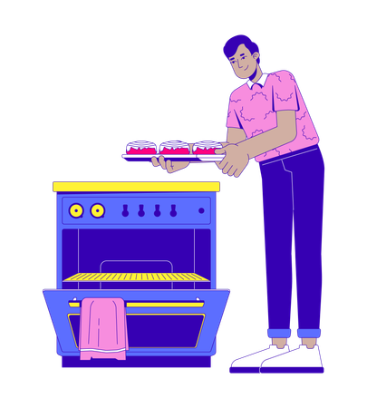 South asian man taking cinnamon rolls out of oven  Illustration