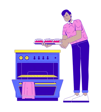 South asian man taking cinnamon rolls out of oven  Illustration