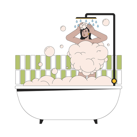 South asian woman showering in bathtub  Illustration
