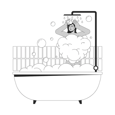 South Asian Woman Showering In Bathtub Black And White 2 D Line Cartoon Character Indian Young Adult Female Isolated Vector Outline Person Shampooing Hair In Tub Monochromatic Flat Spot Illustration Illustration