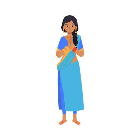 South asian woman wearing blue sari dress gold earrings and bangles in namaste greeting  Illustration