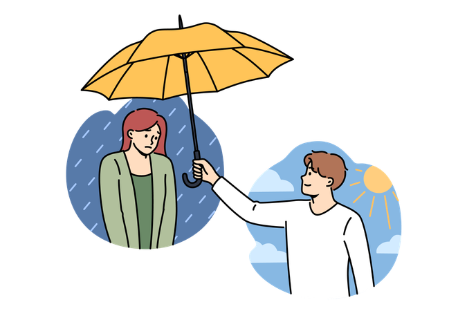 Soutien amical et soutien psychologique pour la femme de la part d'un homme tenant un parapluie  Illustration