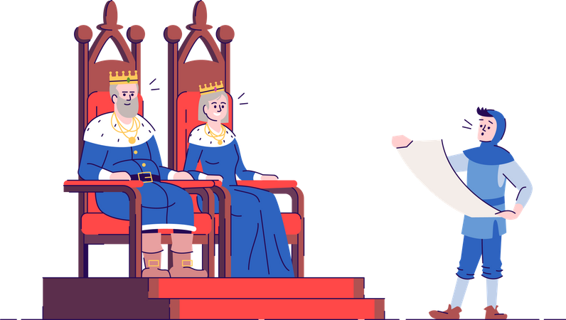Dirigeants du royaume médiéval sur des trônes avec messager royal  Illustration