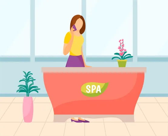 Recepcionista de consulta de spa falando ao telefone no spa  Ilustração