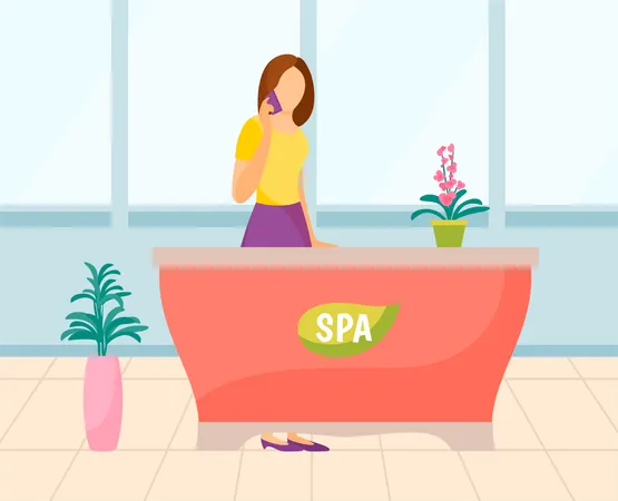 Spa consultation receptionist talking on phone in spa  Illustration