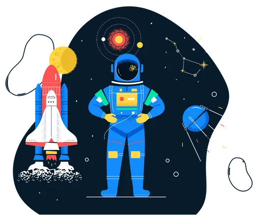 Space Exploration Colorful Flat Design Style Web Banner On Black Background With Copy Space For Text An Illustration With Astronaut Shuttle Constellations Planets Big Dipper And First Satellite Illustration