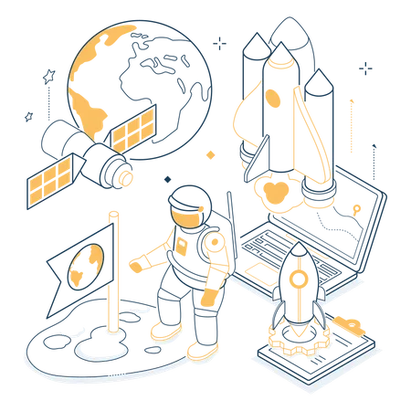 Space exploration - isometric black and yellow line illustration  Illustration