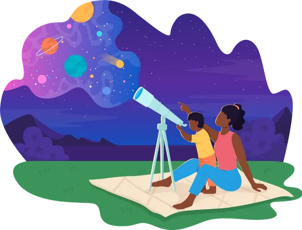 Space Observation 2 D Vector Isolated Illustration Parent With Child Stargaze Family Watching Stars Planets Flat Characters On Cartoon Background Discovering Galaxy With Telescope Colourful Scene イラスト