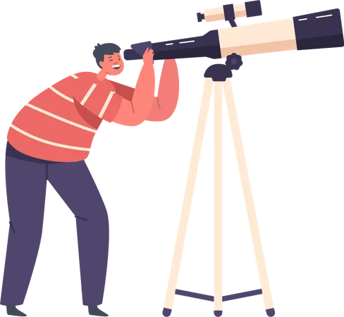 Space Observation Hobby Curious Boy Look In Telescope Isolated On White Background Child Studying Astronomy Science Watching On Cosmic Objects Cartoon Vector Illustration 일러스트레이션