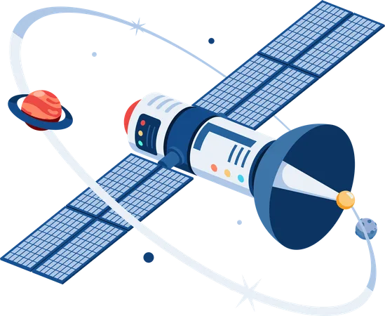 Flat 3 D Isometric Space Satellite Orbiting With Planet On Space Satellite Technology And Communication Concept Illustration