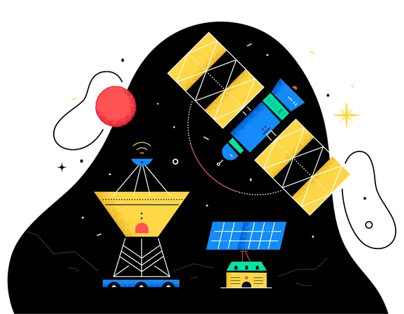 Space Technology Colorful Flat Design Style Web Banner With Copy Space For Text Galaxy Cosmic Exploration And Astronomy Theme An Illustration With Satellite Dish Solar Panel Planet Images Illustration