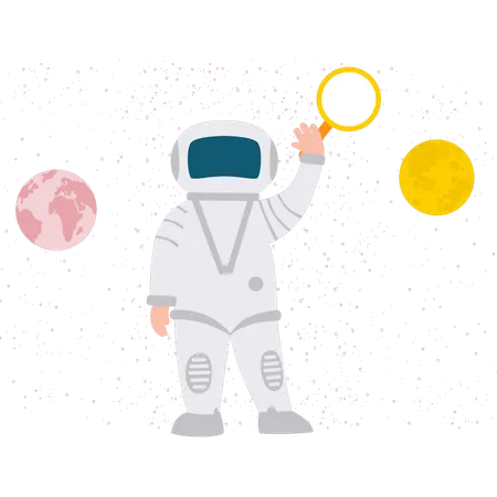 Spaceman Holding Magnifying Glass  Illustration