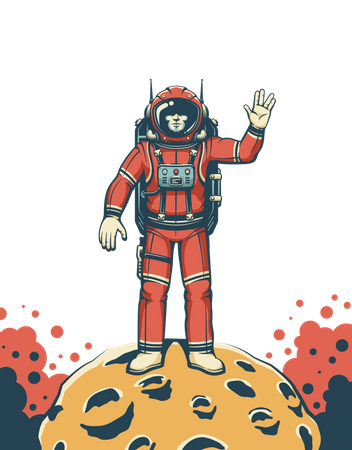 Spaceman in red space suit on Moon  イラスト